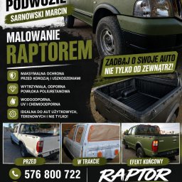 AUTO PODWOZIE MARCIN SARNOWSKI - Zielony pickup Ford Ranger z matową, teksturowaną powłoką ochronną Raptor na karoserii, podkreślającą trwałość i estetykę. Widoczne detale struktury.