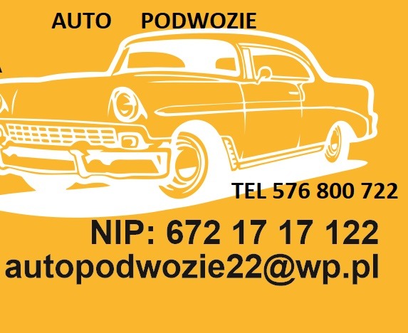 Żółte tło z białym konturem klasycznego samochodu, danymi kontaktowymi i nazwą firmy 'AUTO PODWOZIE'.