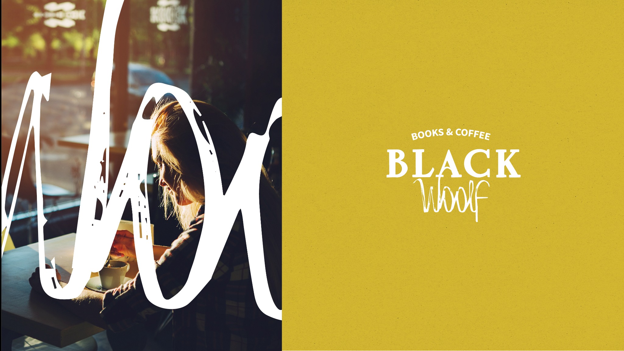 Logo 'Black Woolf' (książki i kawa) na żółtym tle, obok sylwetka osoby w kawiarni, z białą, stylizowaną wariacją litery 'W' na pierwszym planie.