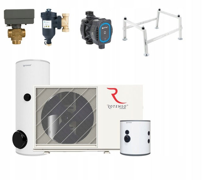 Zestaw komponentów pompy ciepła Rotenso: jednostka zewnętrzna, zbiorniki buforowe, zawory, pompa obiegowa i rama montażowa na białym tle. Prezentacja elementów instalacji.