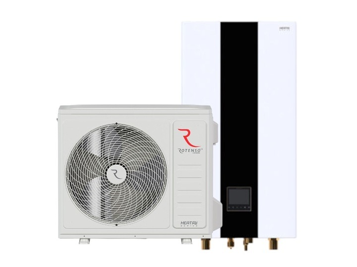 Biała pompa ciepła Rotenso z jednostką zewnętrzną i wewnętrzną, widoczne przyłącza. Minimalistyczny design, czyste tło.