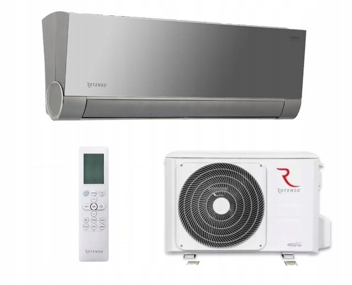 Klimatyzator Rotenso: jednostka wewnętrzna w srebrnej obudowie, jednostka zewnętrzna z wentylatorem i pilot zdalnego sterowania na białym tle.