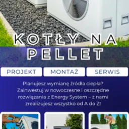 Grafika reklamowa: pompy ciepła i kotły na pellet. Widoczne dwa białe urządzenia na tle szarego żwiru. Oferta obejmuje projekt, montaż i serwis.