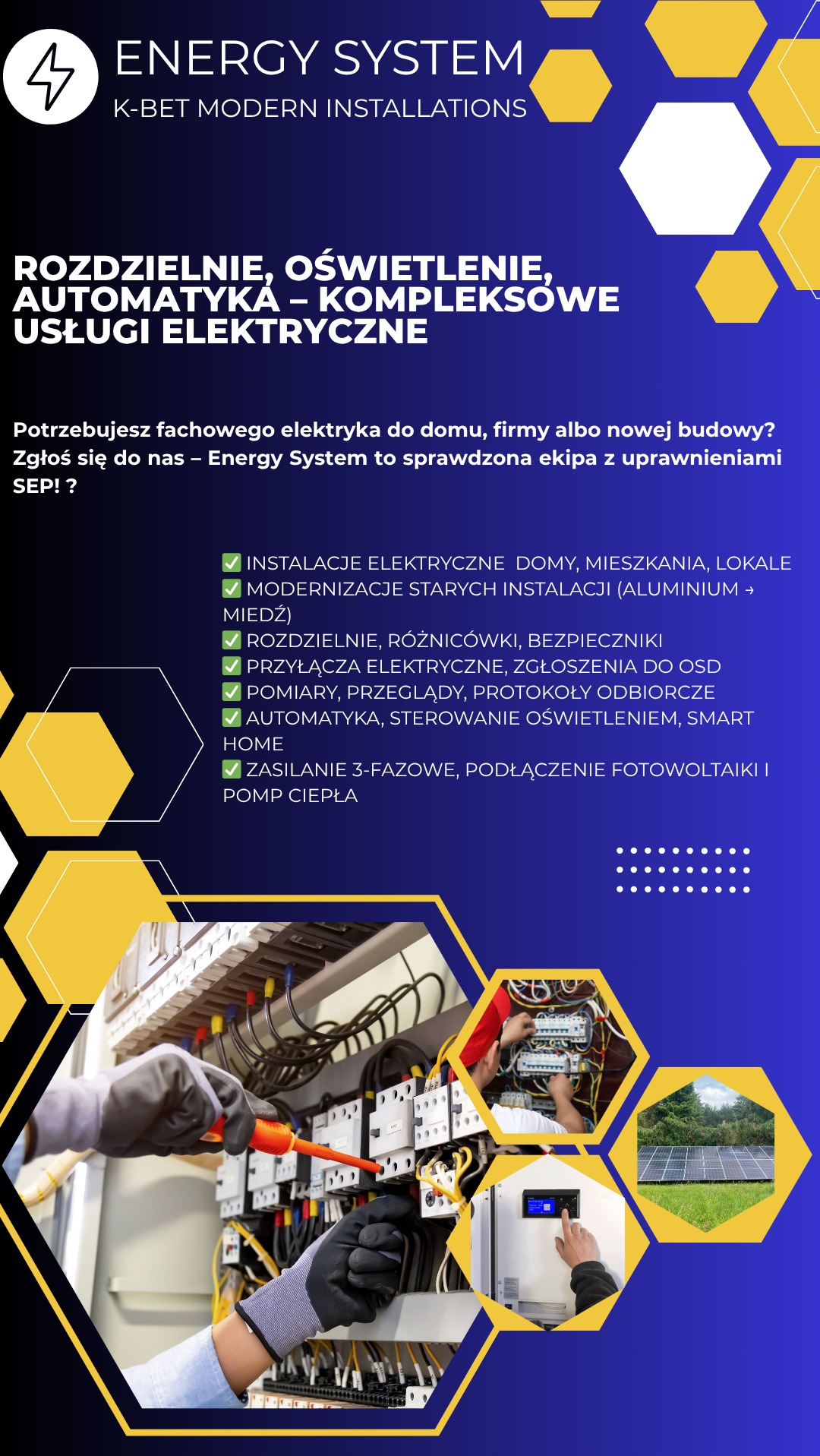 Elektryk w trakcie pracy nad rozdzielnicą, instalacje elektryczne, automatyka, podłączenie fotowoltaiki. Usługi Energy System, nowoczesne instalacje K-BET.