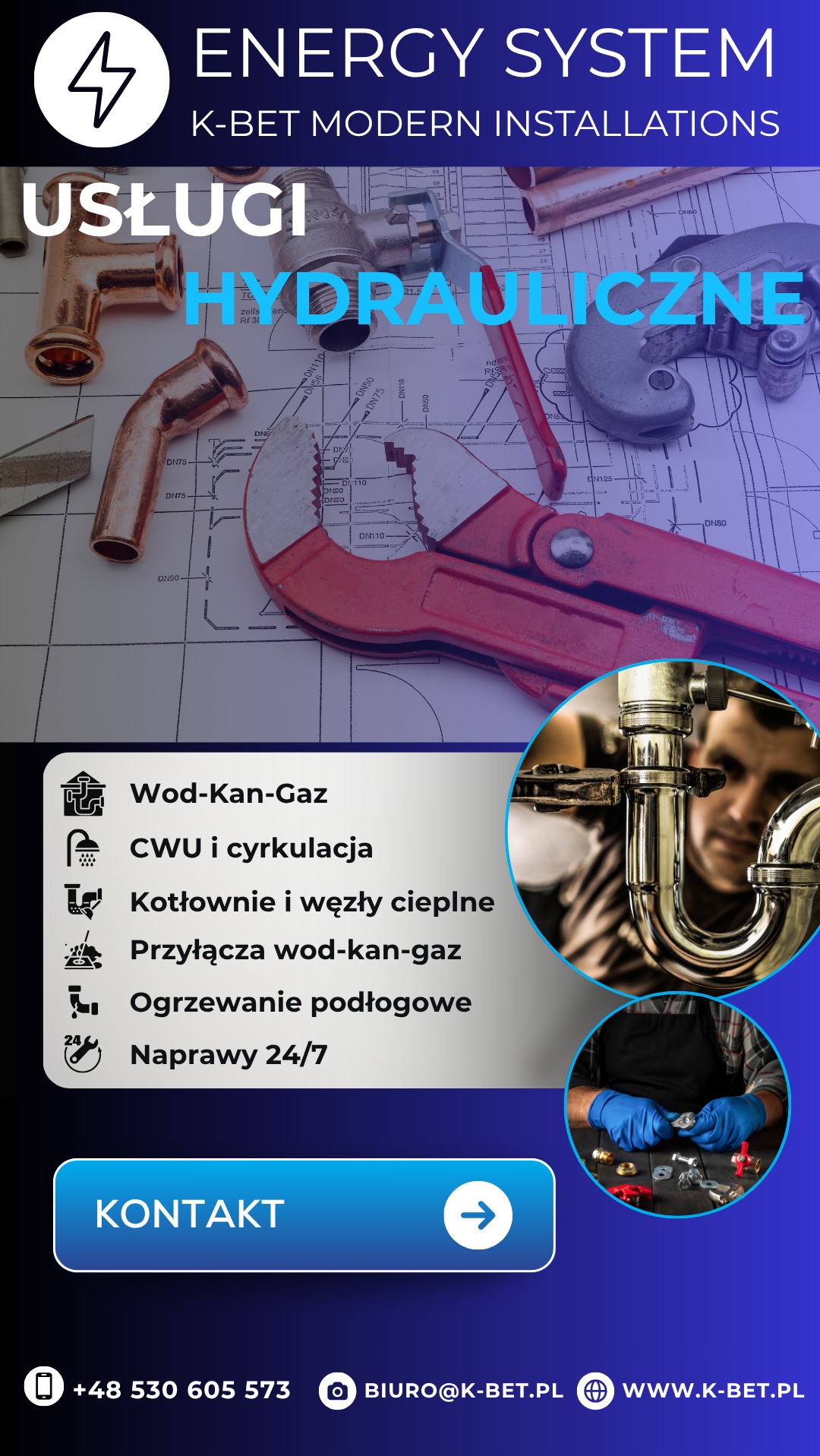 Grafika: usługi hydrauliczne Energy System, instalacje WOD-KAN-GAZ, CWU, kotłownie, przyłącza, ogrzewanie podłogowe, naprawy 24/7. Schemat instalacji, narzędzia, hydraulik.