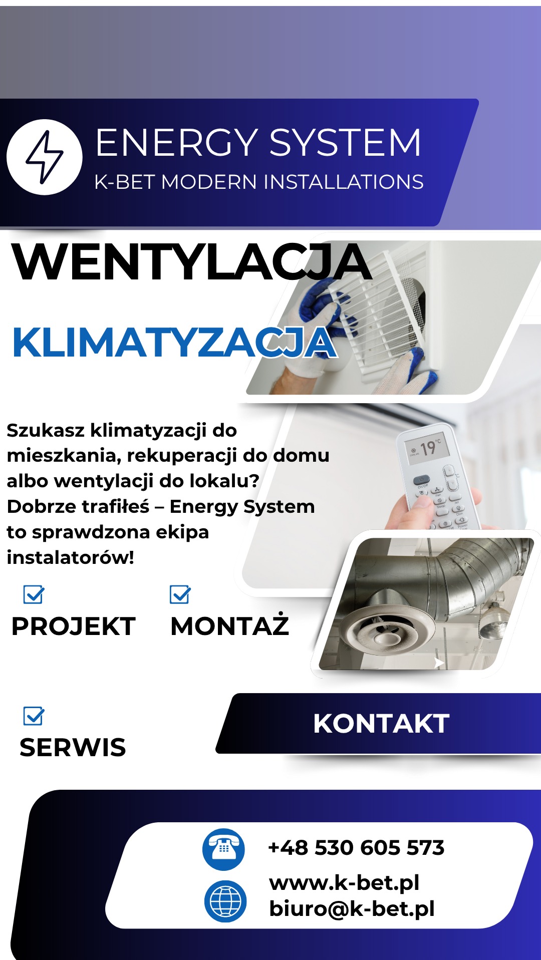 Baner reklamowy Energy System: wentylacja i klimatyzacja z montażem. Prezentacja usługi: montaż kratki wentylacyjnej, sterowanie klimatyzacją pilotem, kanały wentylacyjne.