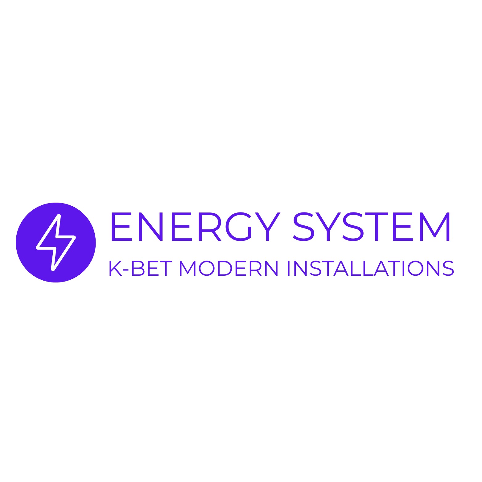 Logo firmy K-BET Modern Installations z symbolem błyskawicy w fioletowym kółku i napisem 'Energy System' w kolorze fioletowym na białym tle.