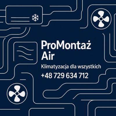 Grafika z logo ProMontaż Air na granatowym tle z ikonami klimatyzacji i numerem telefonu. Nowoczesny, minimalistyczny design.