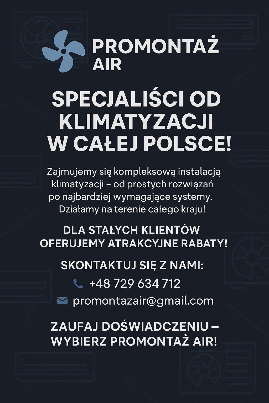Grafika reklamowa: Promontaż Air - specjaliści od klimatyzacji w całej Polsce. Oferta kompleksowej instalacji, atrakcyjne rabaty dla stałych klientów. Kontakt: +48 729 634 712.