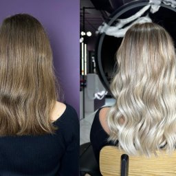 IBBEAUTY Sp.z o.o. - Efekt koloryzacji włosów: przed i po. Włosy przed zabiegiem w odcieniach brązu, po zabiegu - blond z refleksami, pofalowane. Widok z tyłu, na krześle fryzjerskim.