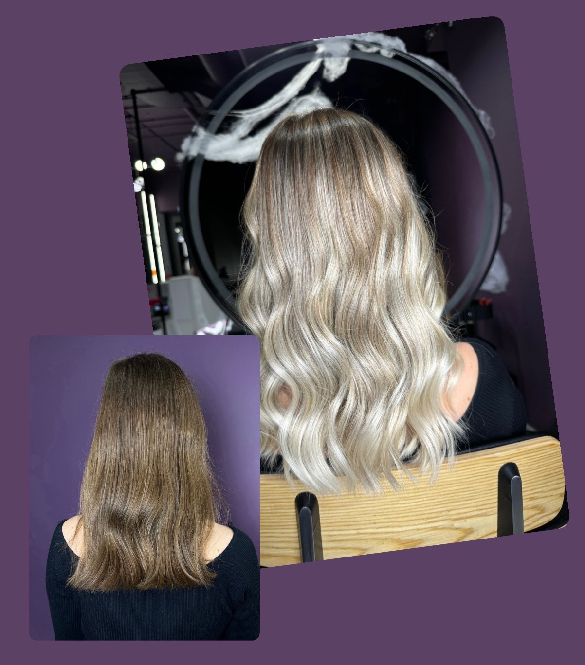 Zdjęcie typu 'przed i po' prezentujące metamorfozę włosów: od brązowych, prostych do blond, falowanych. W tle widoczne okrągłe lustro z dekoracją.