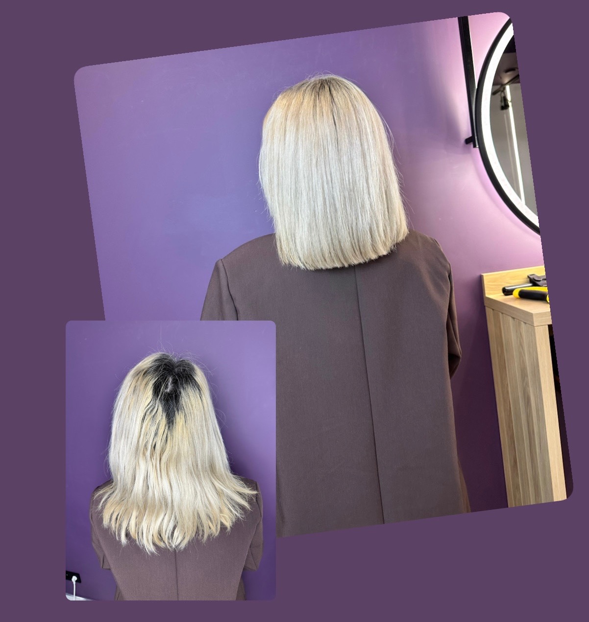 Zdjęcie 'przed i po' koloryzacji włosów blond, z prostym cięciem. Widok z tyłu na tle fioletowej ściany. Na szafce leżą narzędzia fryzjerskie.