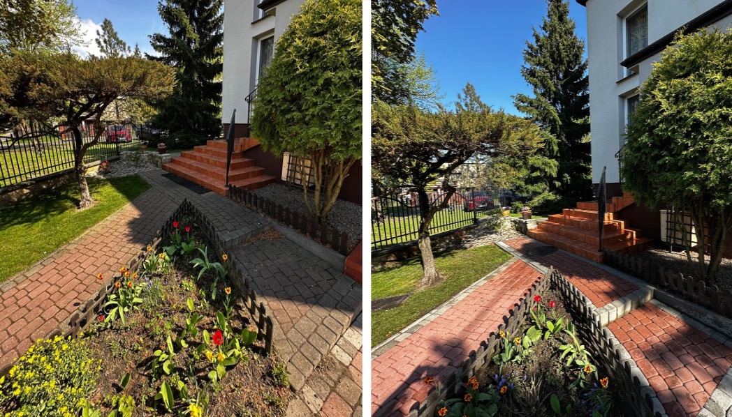Zdjęcie 'przed i po' czyszczenia kostki brukowej i schodów wejściowych do domu. Po prawej stronie widać efekt po czyszczeniu, po lewej - przed.