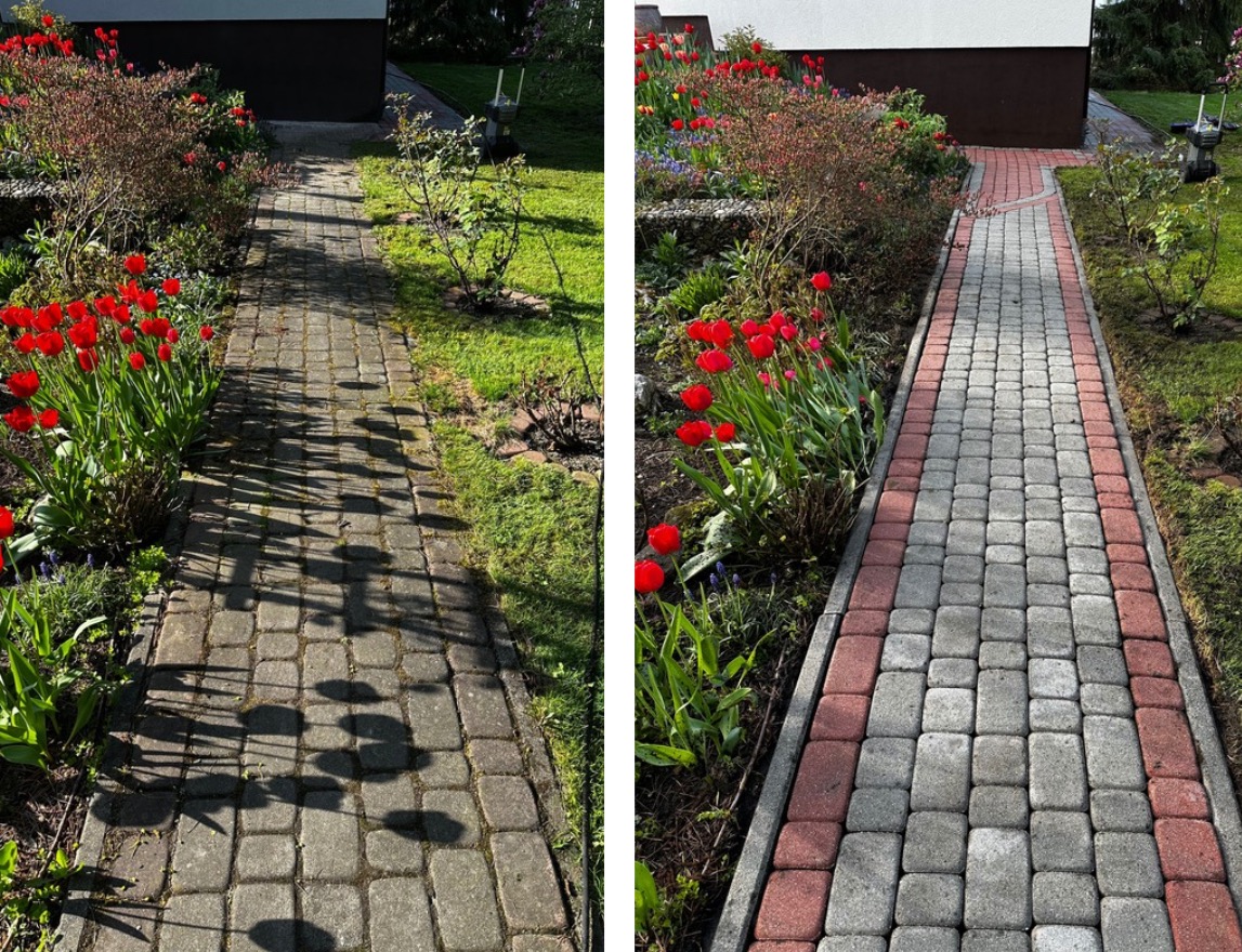 Mycie kostki brukowej w Czeladzi: efekt przed i po. Zarośnięta ścieżka z kostki brukowej z lewej strony, a po prawej czysta, wyczyszczona ścieżka z czerwono-szarej kostki.