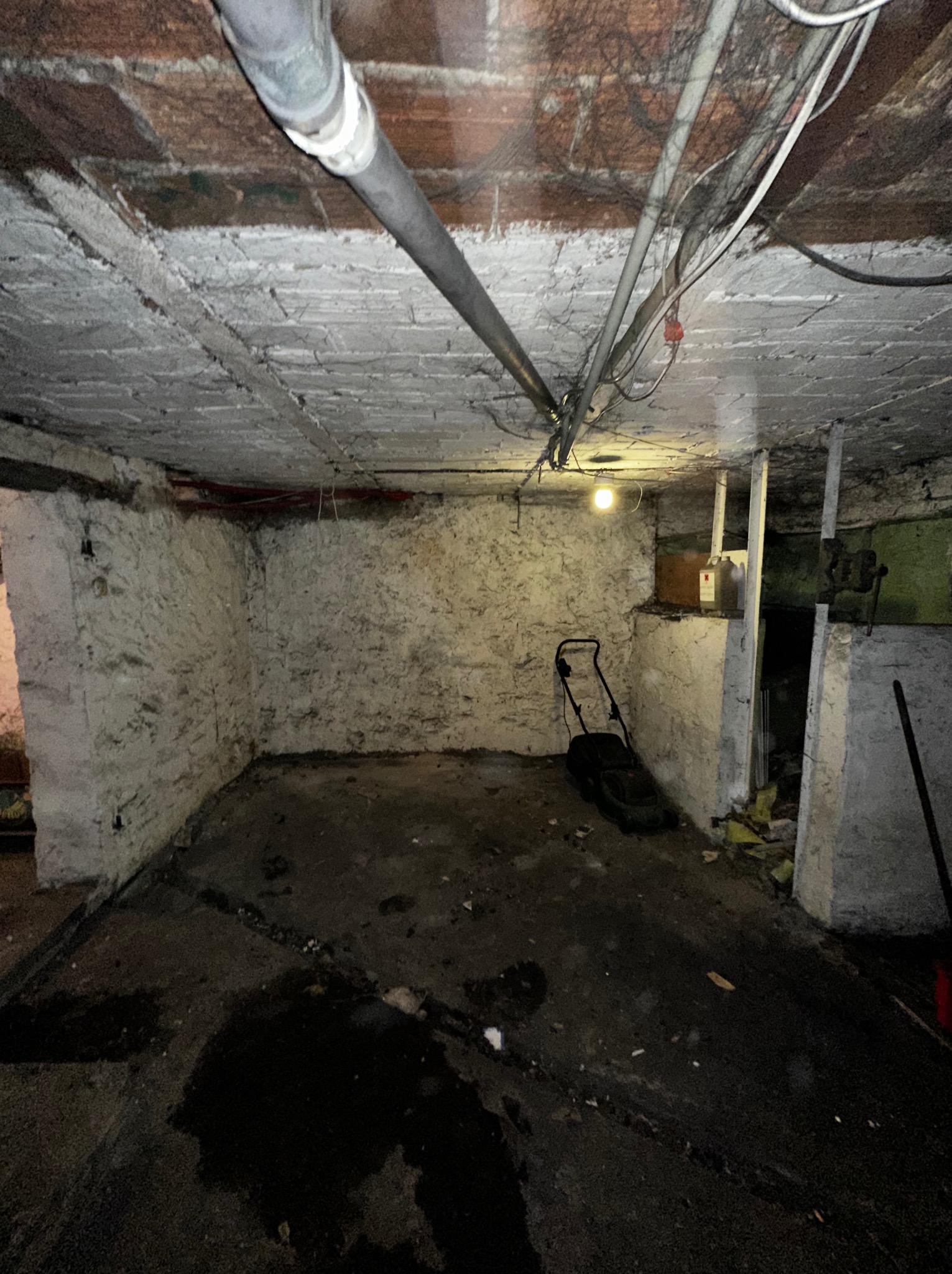 Zaniedbane, wilgotne pomieszczenie piwniczne z odsłoniętymi rurami, kamiennymi ścianami i starą kosiarką w rogu. Widoczne ślady wilgoci na podłodze i suficie.
