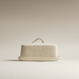 Małgorzata Fu - Ceramiczna maselnica w odcieniach bieli, minimalistyczny design, oświetlenie studyjne podkreśla gładką powierzchnię.