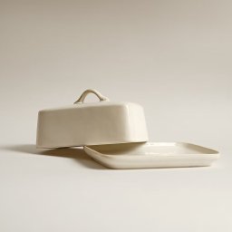 Małgorzata Fu - Ceramiczna maselniczka w odcieniach bieli, z pokrywką z uchwytem, ustawiona na talerzyku. Minimalistyczny design i neutralne tło.