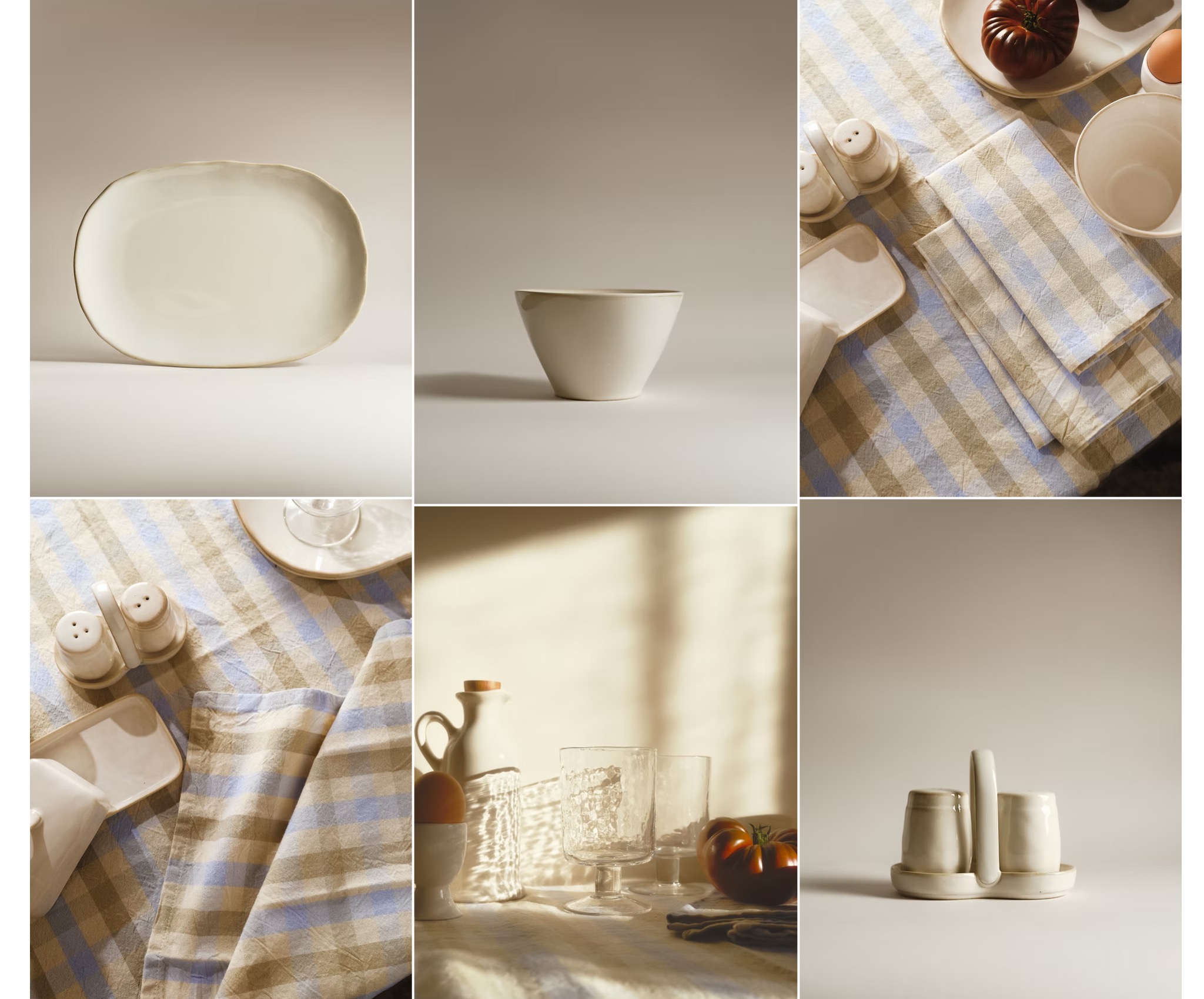 Kolaż z neutralnymi naczyniami: talerz, miska, solniczka, pieprzniczka, szklanki i pomidor na tekstylnej serwetce w paski, w ciepłym oświetleniu.