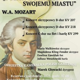 Foto-Graf Studio Marzena Kowalcze-Łupicka - Plakat promujący X Festiwal Polish Camerata z portretem Mozarta. Elegancki projekt z klasyczną typografią, przygotowany do promocji koncertu muzyki poważnej.