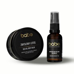 Fot. prod. zestawu babo Zmysłowy Lotos Ujęcie na neutralnym tle z miękkim światłem, które wydobywa formę i złote detale. 
Kompozycja zachowuje prostotę i elegancję, spójną z filozofią marki opartej na naturalności i świadomej pielęgnacji.