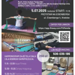 Plakat Wellbeing Day: harmonogram zajęć, dynamiczne zdjęcia, spójna kolorystyka, czytelny układ. Promocja wydarzenia z elementami wizualnymi i informacjami.