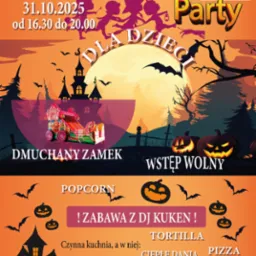 Plakat Halloween Party w Gościńcu Nad Stawem: dynie, nietoperze, zamek, pomarańczowo-czarna kolorystyka, informacja o dacie, godzinach i atrakcjach dla dzieci.