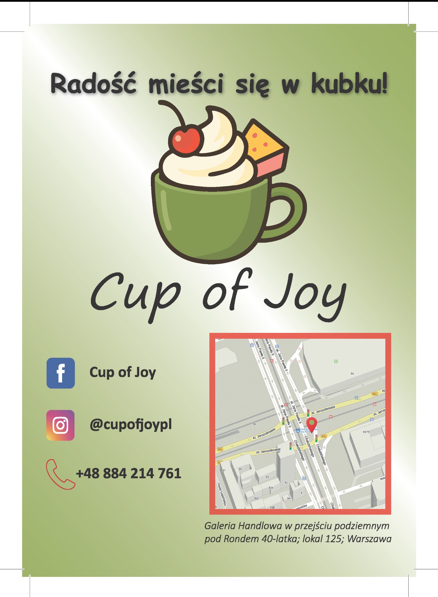 Dwustronna ulotka Cup of Joy: zielona kolorystyka, mapka, kontakt, oferta menu, ikony Facebooka, Instagrama i telefonu. Projekt w Photoshop i Illustrator.