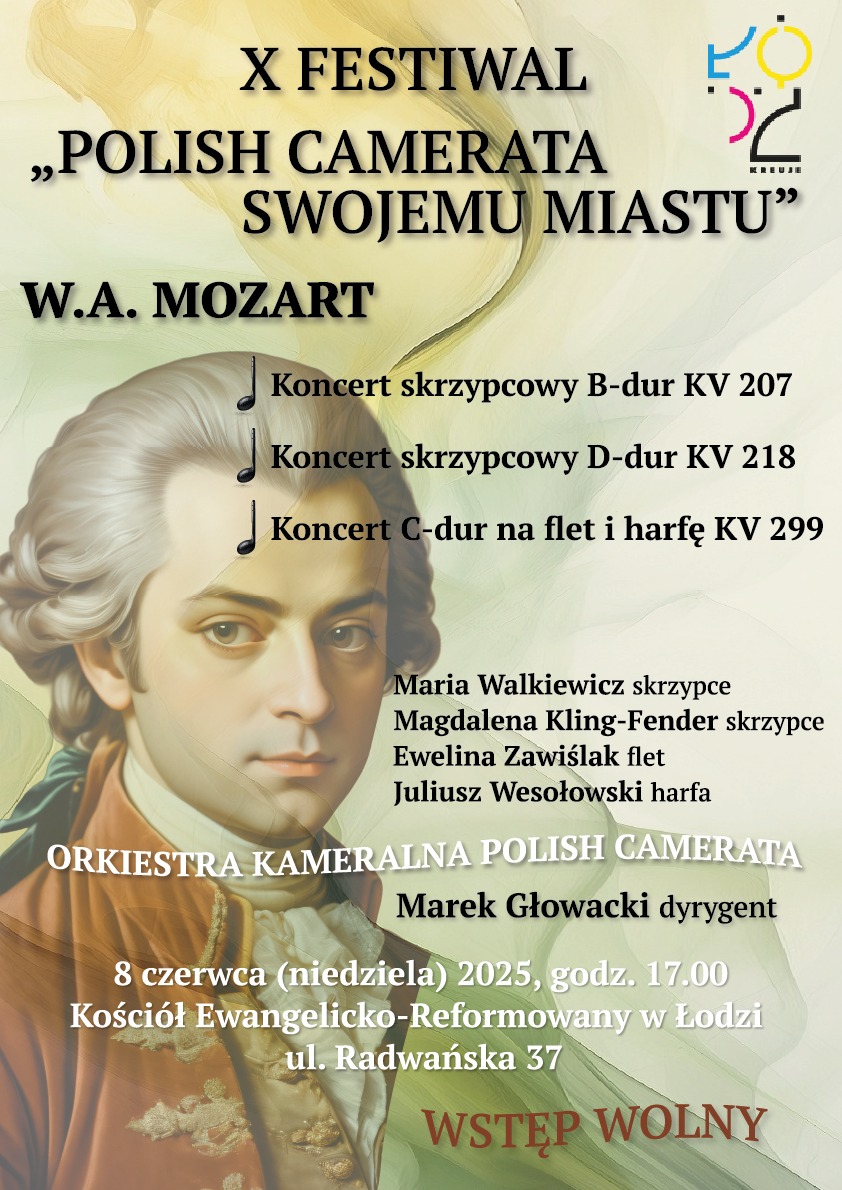 Plakat promujący X Festiwal Polish Camerata z portretem Mozarta. Elegancki projekt z klasyczną typografią, przygotowany do promocji koncertu muzyki poważnej.
