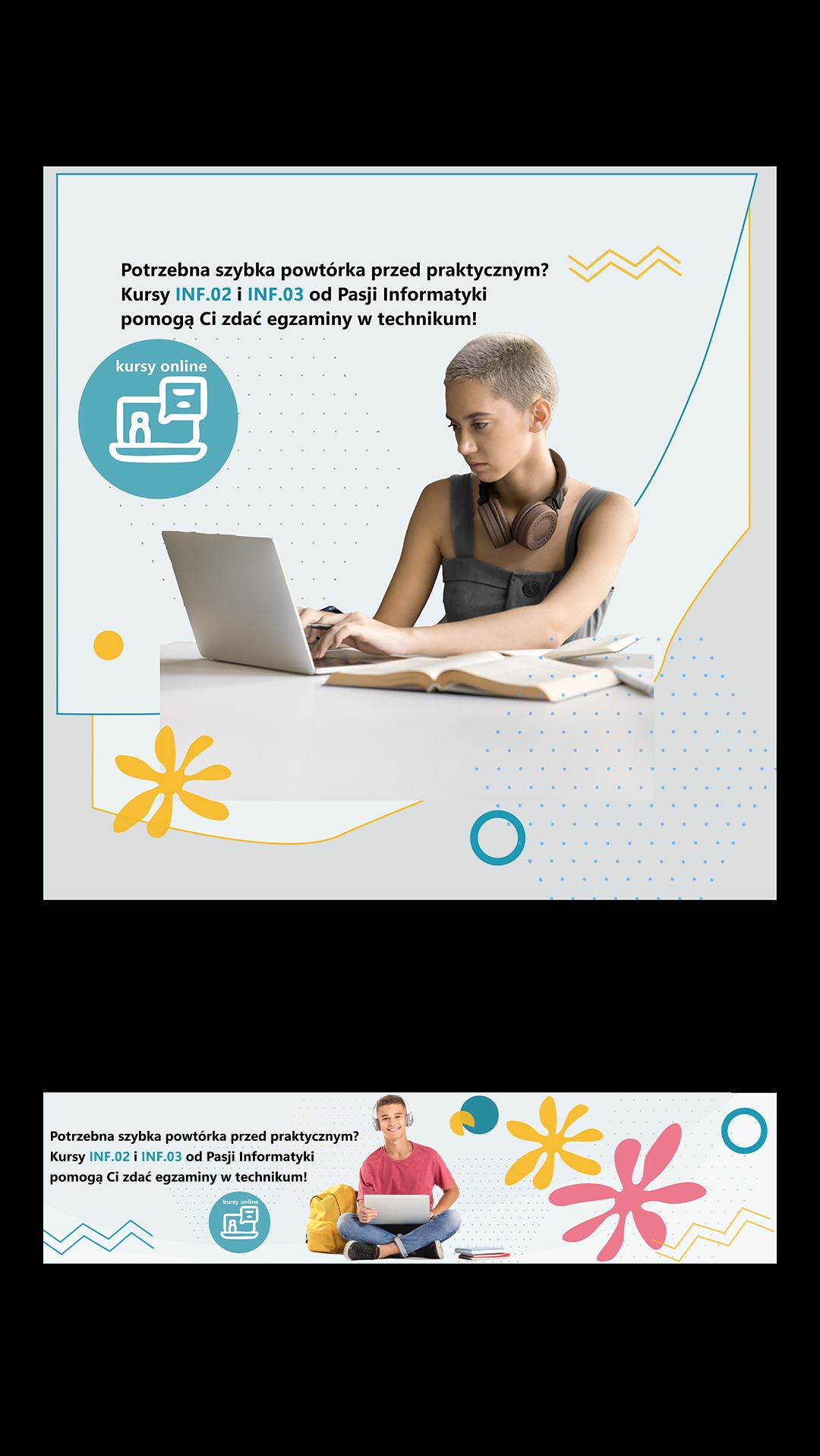 Baner reklamowy kursów online dla uczniów technikum z nowoczesną stylistyką, przedstawiający osoby uczące się z laptopami i książkami. Kolorowe grafiki i czytelny tekst.