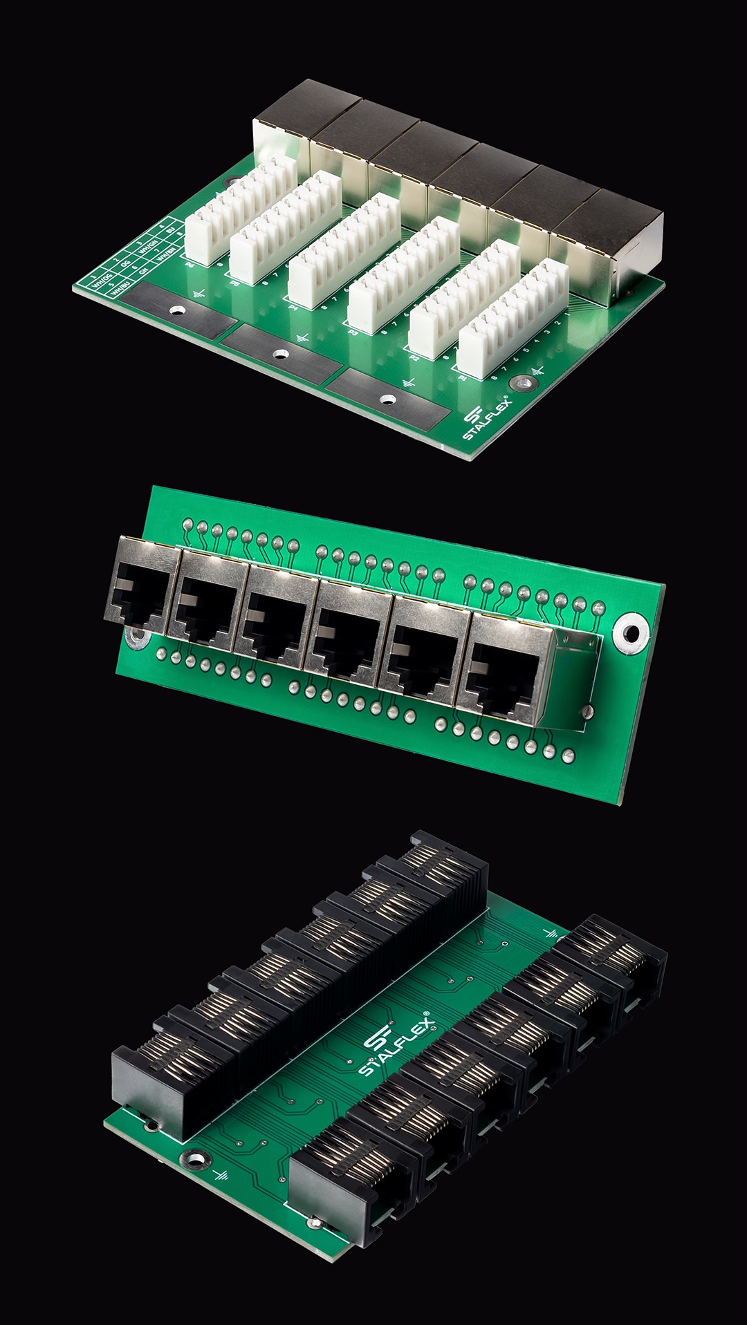 Zdjęcia packshotowe komponentów Stalflex z Chrząstawy Wielkiej, oświetlone i ostre, eksponujące detale. Trzy różne płytki z gniazdami na czarnym tle.