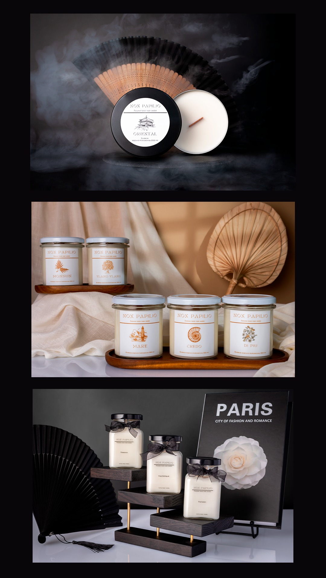 Aranżacja produktowa Nox Papilio: świece w różnych wariantach zapachowych, od ciemnych kadrów z dymem po jasne z akcentami natury i wachlarzami w tle.