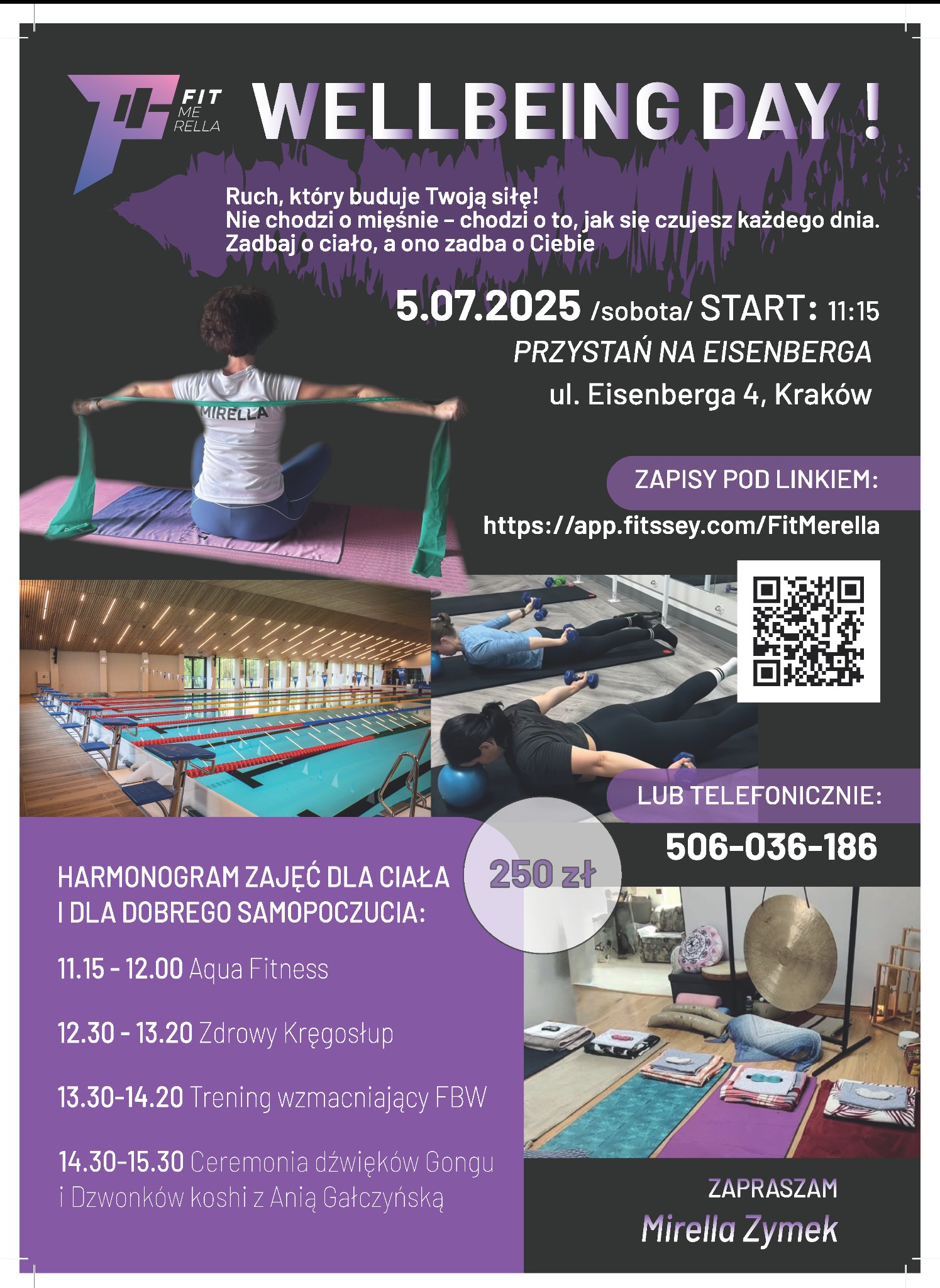 Plakat Wellbeing Day: harmonogram zajęć, dynamiczne zdjęcia, spójna kolorystyka, czytelny układ. Promocja wydarzenia z elementami wizualnymi i informacjami.
