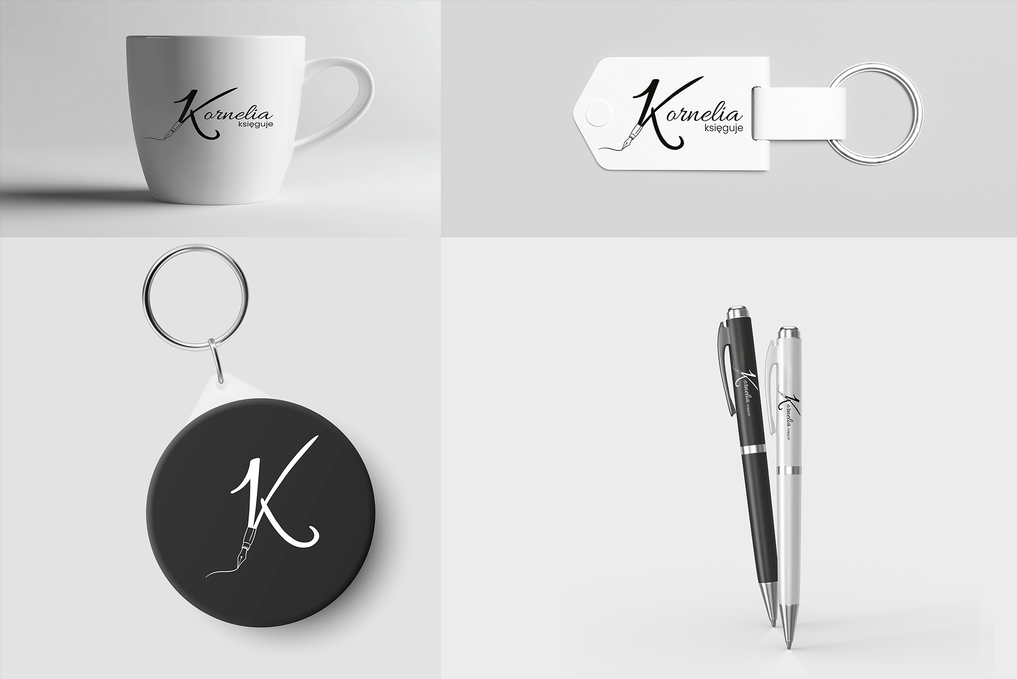 Makieta identyfikacji wizualnej: kubek, brelok (biały i czarny), długopisy (biały i czarny) z logo firmy księgowej na jasnoszarym tle.