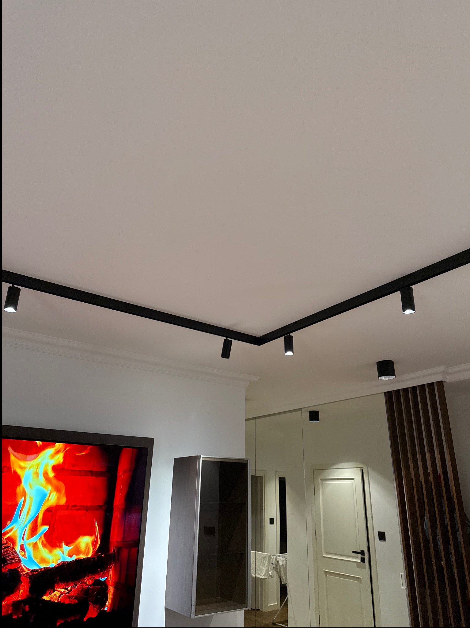 Nowoczesne oświetlenie szynowe z czarnymi reflektorami punktowymi na białym suficie. Widok na salon z telewizorem i lustrzaną szafą.