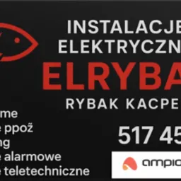 Baner firmy ELRYBAK: instalacje elektryczne, smart home, alarmowe, monitoring, teletechniczne. Logo ryby z błyskawicą, numer telefonu, autoryzowany instalator Ampio.