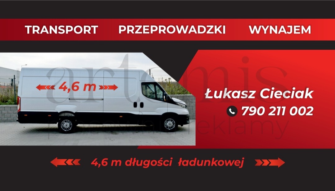 Biały bus z informacją o długości przestrzeni ładunkowej (4,6 m) i danymi kontaktowymi firmy oferującej transport, przeprowadzki i wynajem.