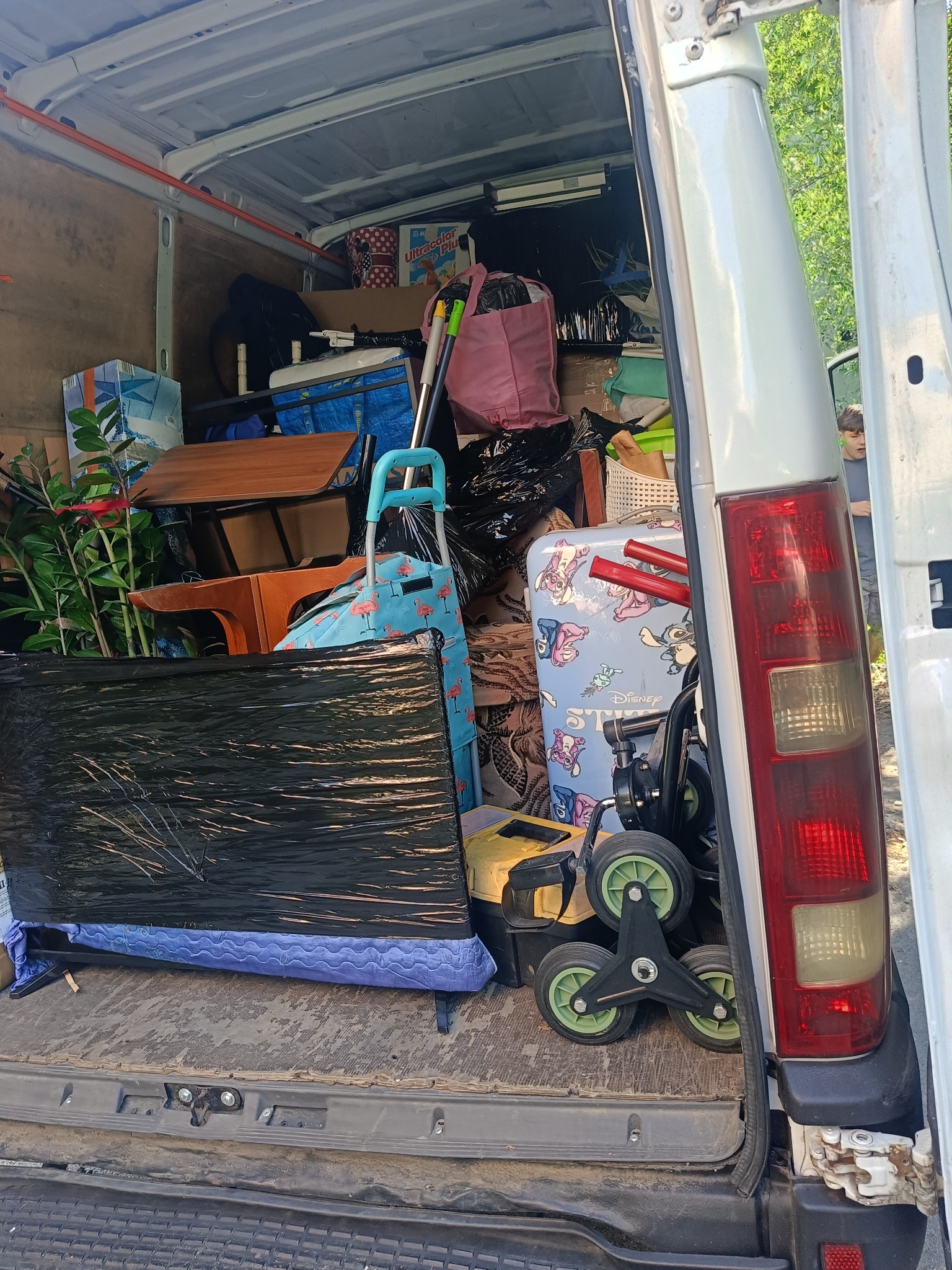 Wnętrze białego busa wypełnione różnorodnymi przedmiotami, w tym meblami, roślinami i zapakowanym telewizorem, gotowymi do transportu podczas przeprowadzki.