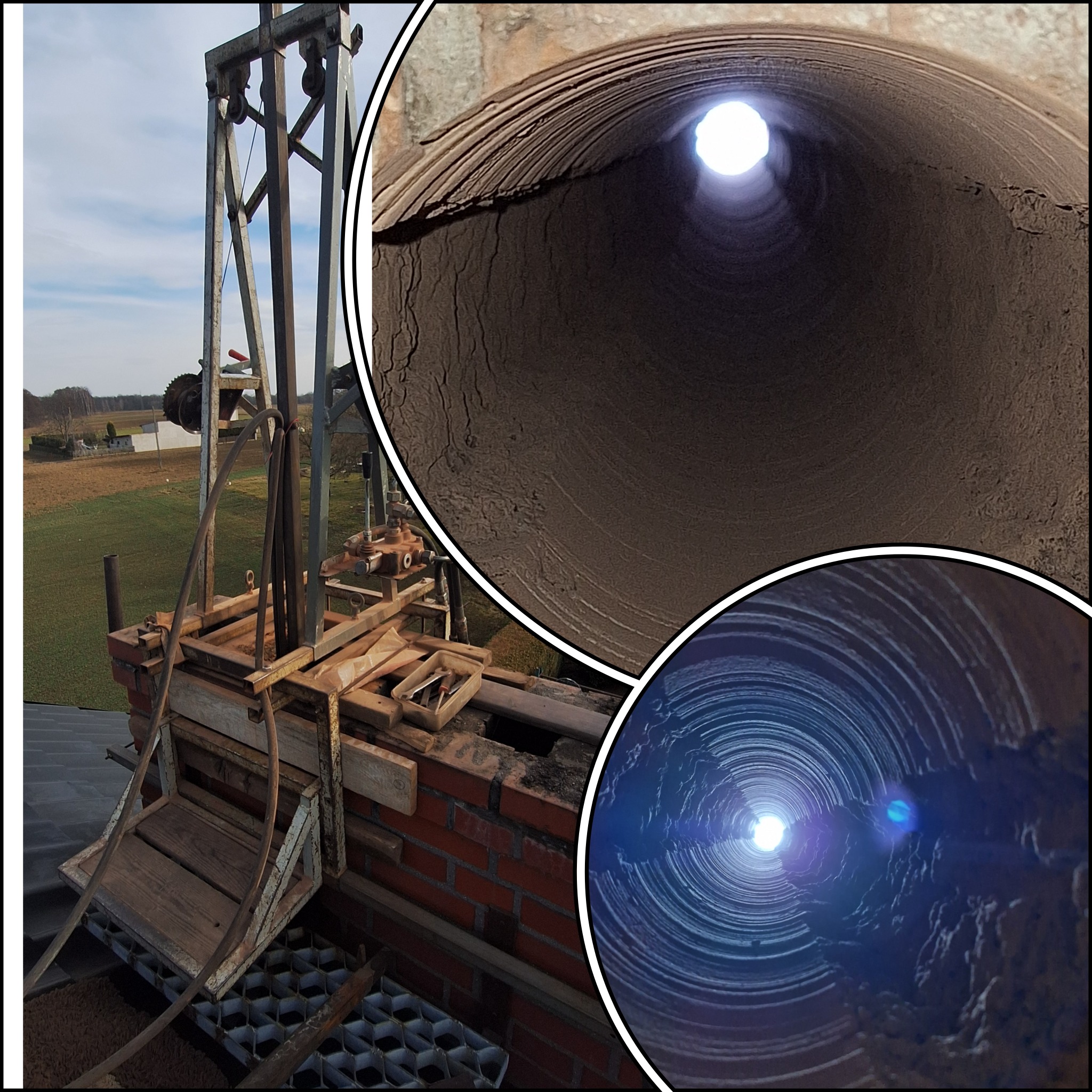 Kominiarz na dachu z narzędziami, widok do wnętrza komina z osadami i światłem na końcu, oraz dodatkowe ujęcie wnętrza komina.