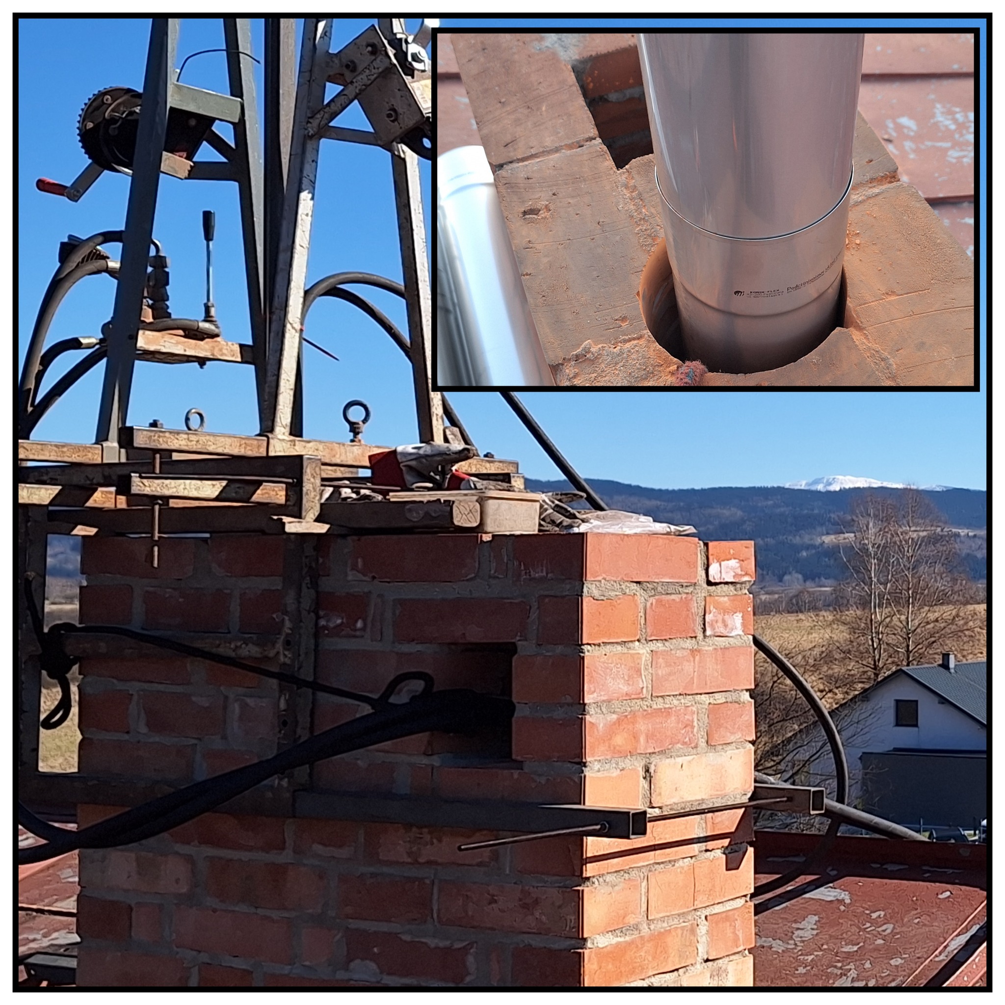 Ceglany komin z elementami montażowymi i widocznym wkładem kominowym. W tle krajobraz z domami i zalesionymi wzgórzami, zwieńczonymi ośnieżonym szczytem.
