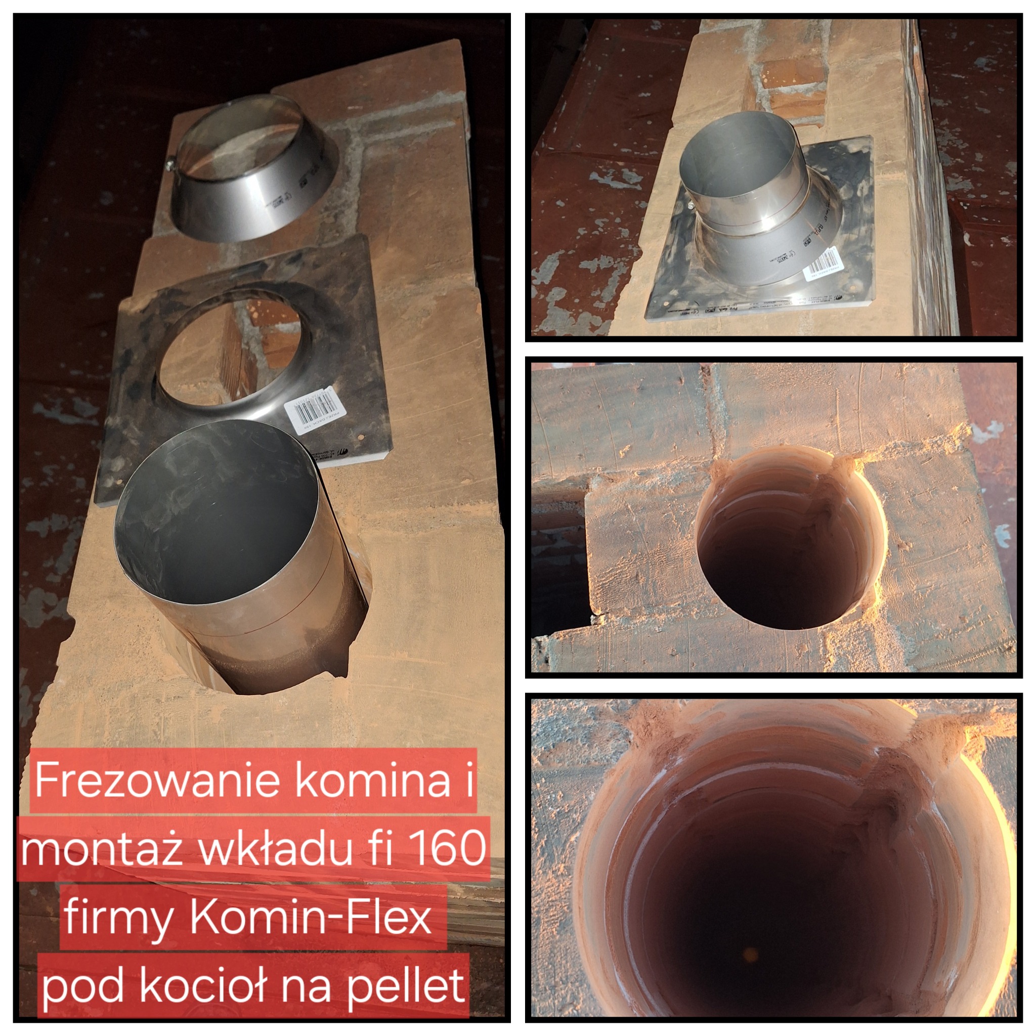 Wkład kominowy fi 160 firmy Komin-Flex, przygotowany do montażu w kominie frezowanym pod kocioł na pellet. Widoczne elementy montażowe i wnętrze komina.