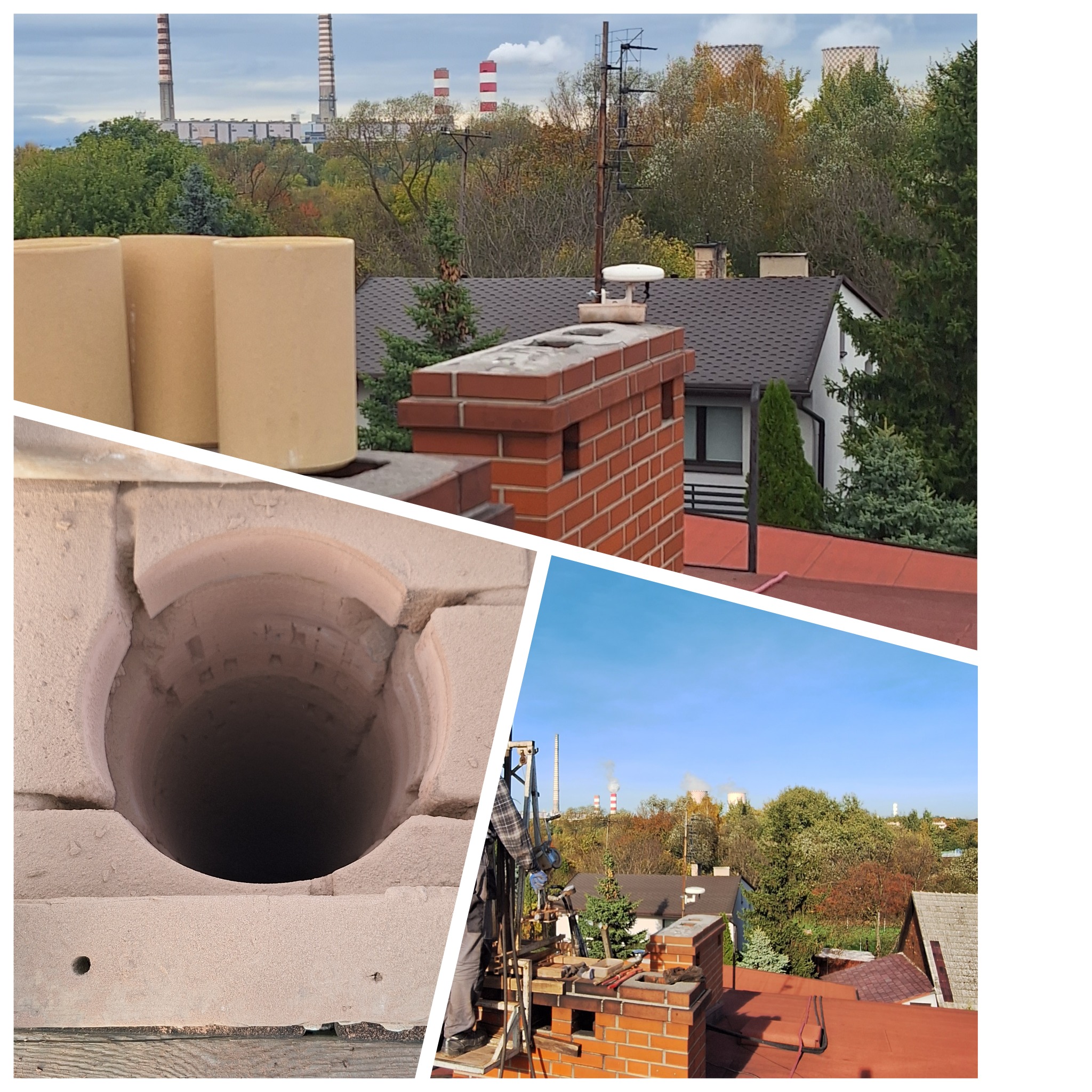 Kominiarz w trakcie pracy: ceglany komin na czerwonym dachu, widok na miasto i kominy fabryczne w tle. Fragmenty komina i pustaki kominowe w zbliżeniu.
