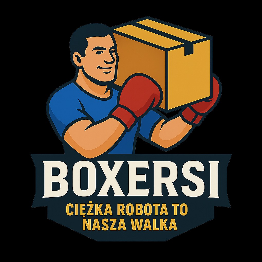Grafika: Stylizowany mężczyzna w rękawicach bokserskich niesie karton. Logo firmy przeprowadzkowej z Raszyna. Napis: 'Ciężka robota to nasza walka'.