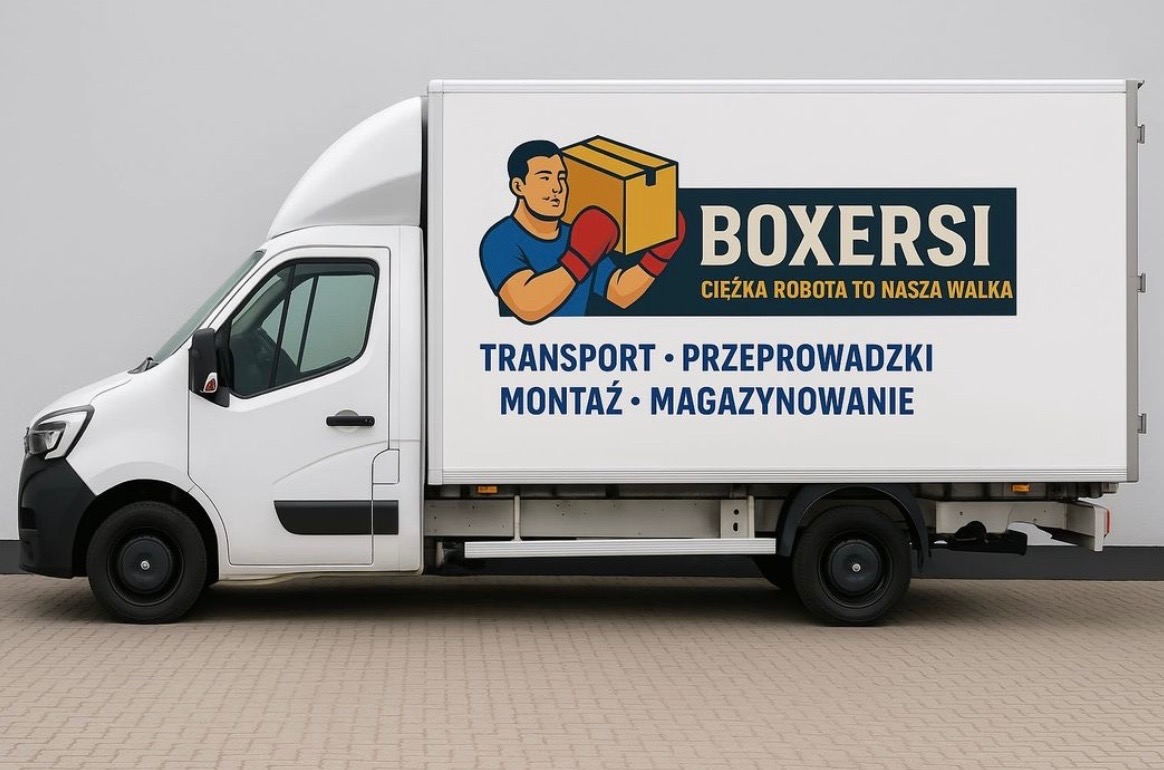 Biały samochód dostawczy z grafiką boksera niosącego karton, logo firmy 'Boxersi' i napisem 'Transport, Przeprowadzki, Montaż, Magazynowanie'.