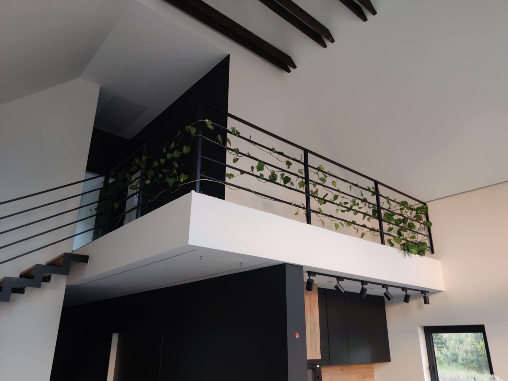 Nowoczesne schody metalowe z balustradą, zdobione pnącą roślinnością, w minimalistycznym wnętrzu z czarno-białą kolorystyką i drewnianymi akcentami.