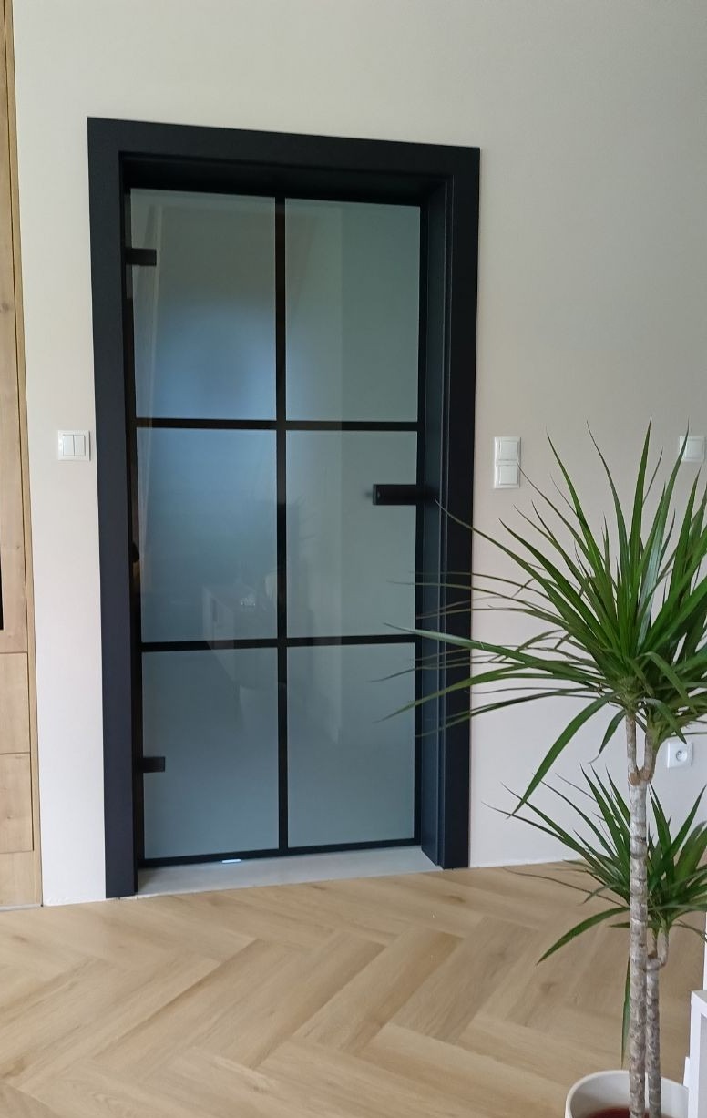 Nowoczesne drzwi szklane z czarną ramą i podziałami, widoczne w jasnym wnętrzu z parkietem w jodełkę i rośliną doniczkową. Minimalistyczny design.