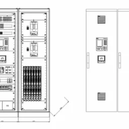 Widok elewacji rozdzielnicy sprzęgającej PV oraz szafy telemchaniki.