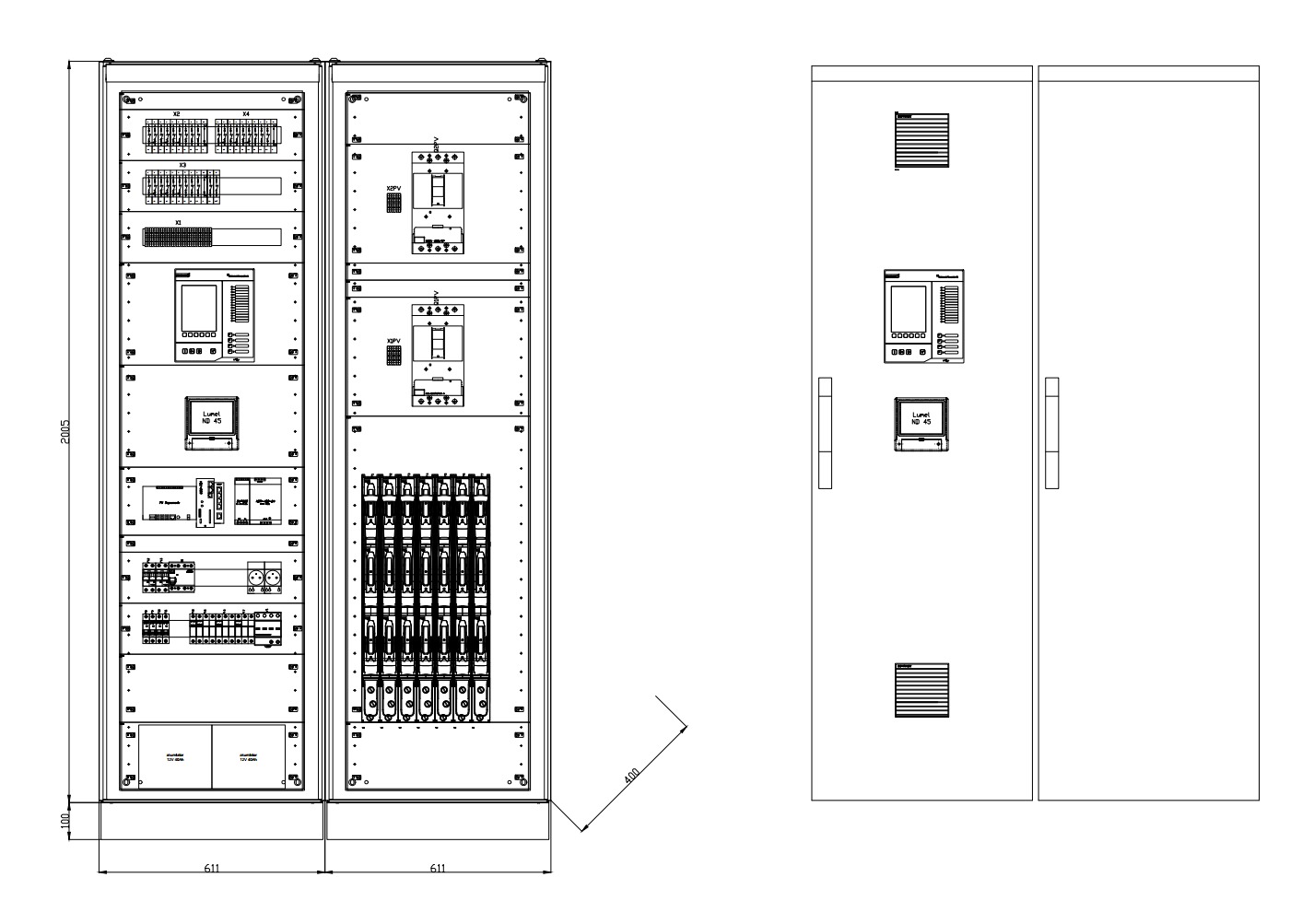 Widok elewacji rozdzielnicy sprzęgającej PV oraz szafy telemchaniki.