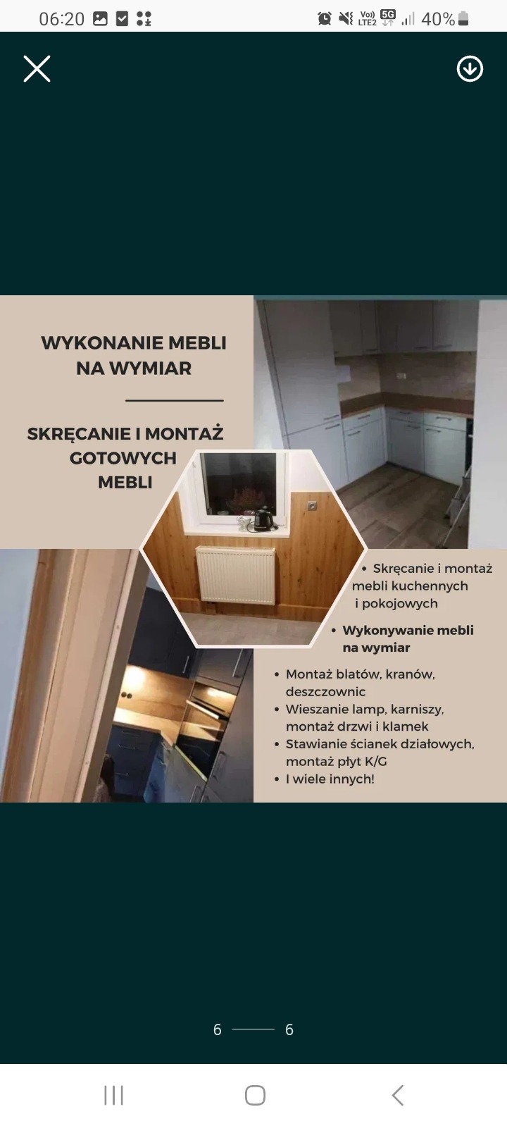 Kompozycja z fragmentami: nowoczesna kuchnia z szarymi szafkami, zabudowa szafy wnękowej z oświetleniem i drewniane wykończenie ściany z grzejnikiem. Reklama usług.