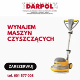 Żółta maszyna czyszcząca marki Hibli Wirbel na białym tle z czerwonym napisem 'Wynajem maszyn czyszczących' i numerem telefonu. Oferta wynajmu maszyn czyszczących.