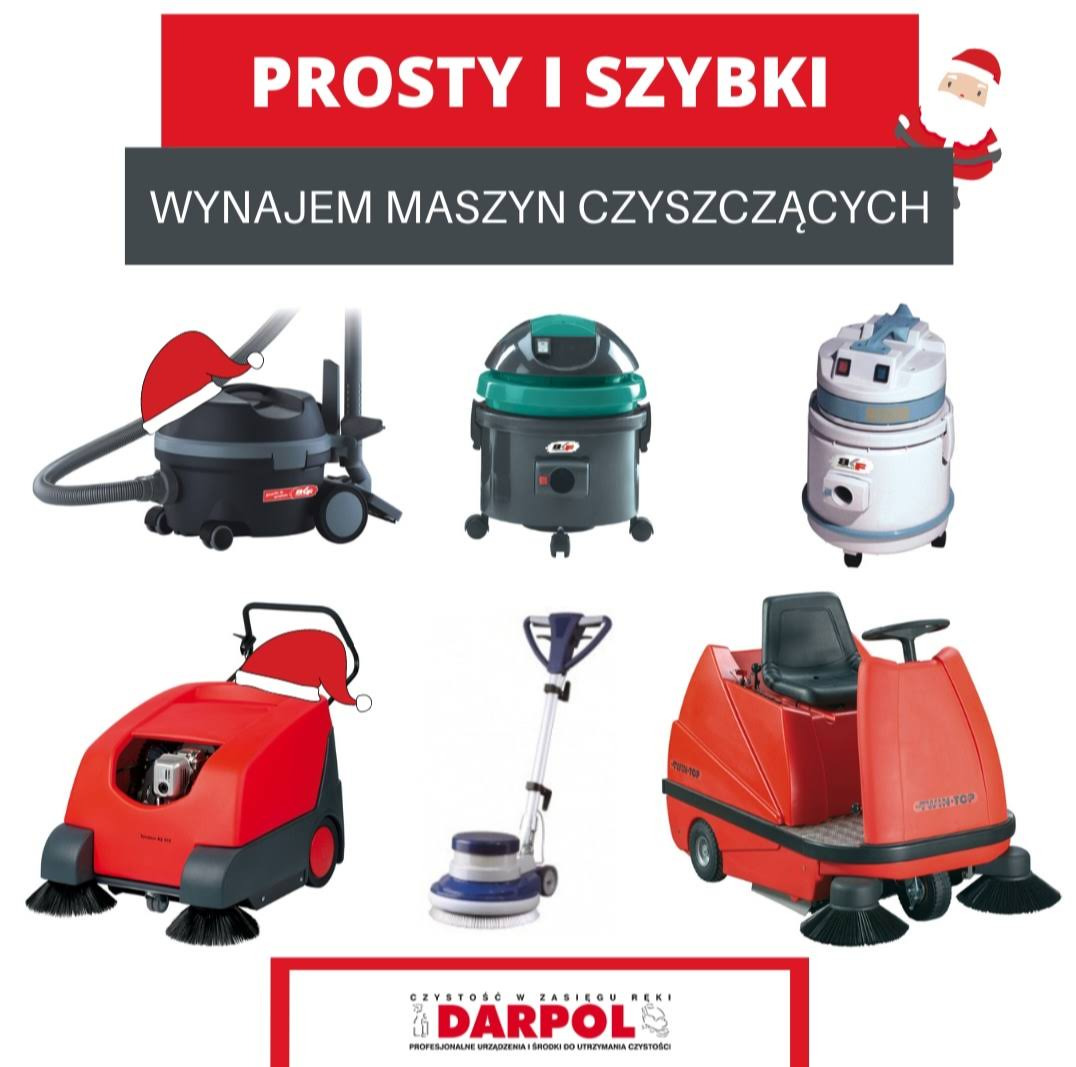 Różnorodne maszyny czyszczące pod hasłem 'Prosty i szybki wynajem'. Niektóre z czerwoną czapką Mikołaja. Logo Darpol na dole. Profesjonalne urządzenia do utrzymania czystości.